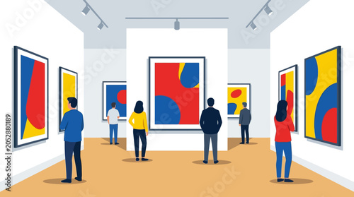 Принти на полотні People viewing abstract modern paintings in a bright art gallery.