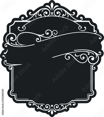 Elegant dark ornate frame with silver decorative swirls and flourishes perfect for vintage labels, certificates, or text boxes.
