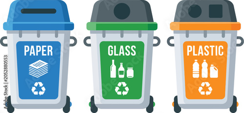 Three recycling bins for paper, glass, and plastic, promoting waste sorting and environmental conservation efforts.