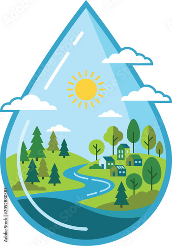 Scenic landscape encapsulated within a transparent water drop, illustrating nature preservation and water conservation.