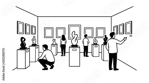 Foto People visiting an art gallery exhibition viewing sculptures and paintings