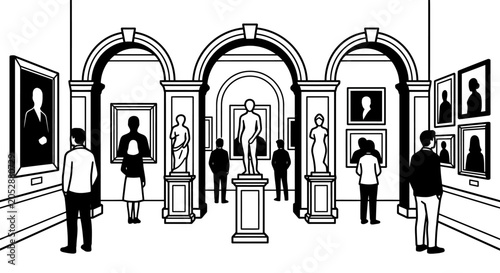 Fényképezés People viewing art paintings and sculptures in a gallery.