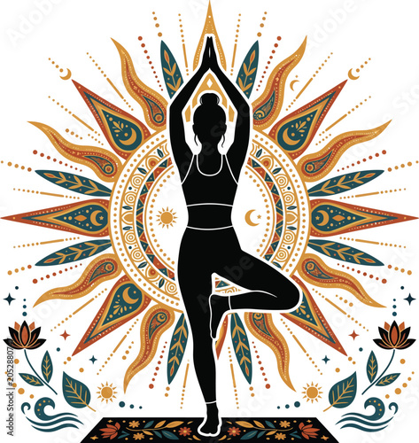Woman performing tree pose yoga on mat with sun mandala and decorative floral border, serene mindfulness and wellness.