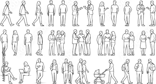 CAD Drawings. Set people outlines isolated on white background. Walking, standing, talking etc. Vector illustration.