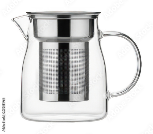 Modern clear glass teapot featuring a mesh stainless steel infuser and lid isolated transparent background image