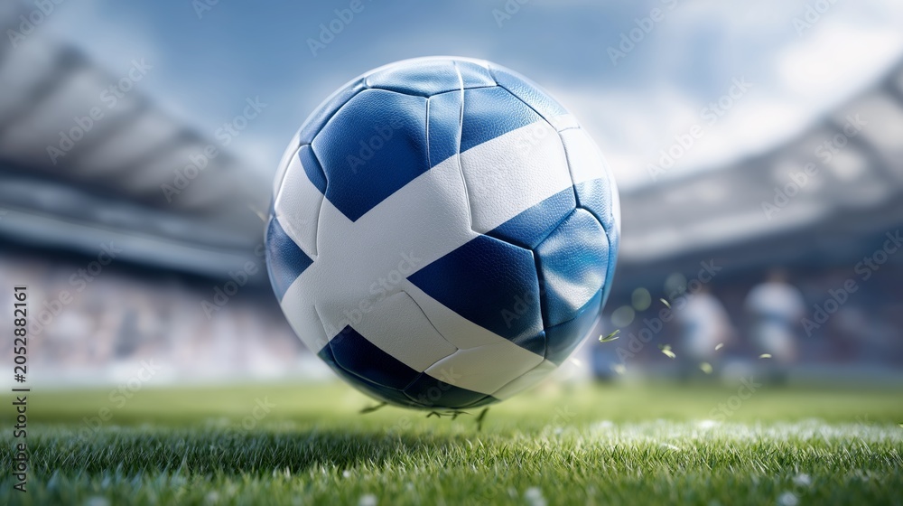 Naklejka premium Close-up of a football featuring Scotland flag in a stadium with players in the background during a Football World Cup soccer match