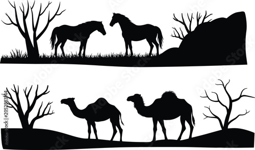 Canvas Print A professional minimalist vector silhouette set featuring wild horses and desert