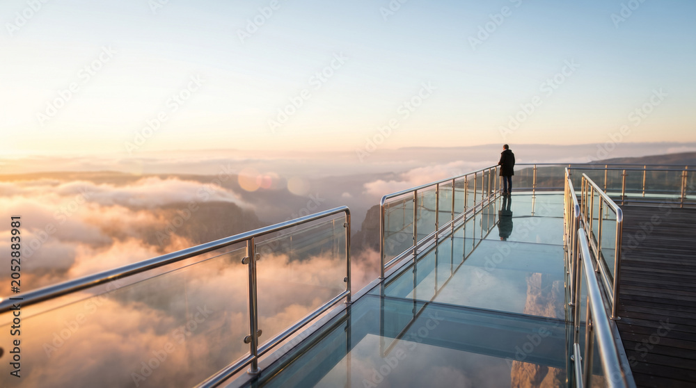 Obraz premium Modern glass observation deck over a cloudy canyon at sunrise, symbolizing visionary leadership and strategic business perspective.