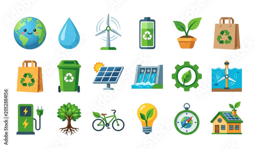 Green Energy and Environmental Sustainability Icon Set Featuring Earth Wind Power Recycling and Renewable Resources