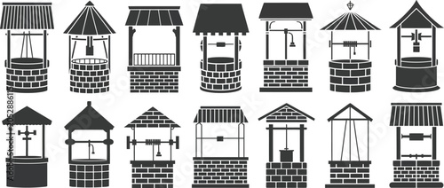 Bild auf Leinwand well illustration set of brick and stone well roof variations