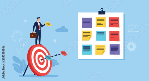 Businessman standing on giant target next to board with colorful sticky notes for project management and goal achievement.