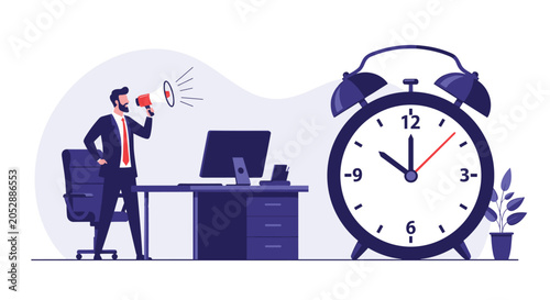 Energetic manager uses a megaphone to announce deadlines next to a giant alarm clock in a modern office environment.