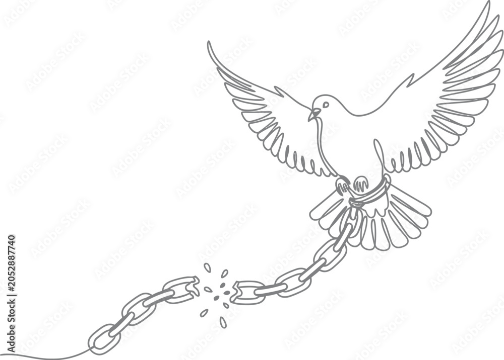 Obraz premium Continuous line drawing of a flying dove breaking free from metal chains representing freedom and liberation from oppression