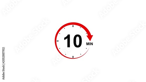 Red circular timer icon with number 10 and minutes abbreviation on white background 10 minutes clock