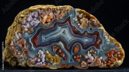 Polished cross-section of a mineral specimen with vari-colored crystals.