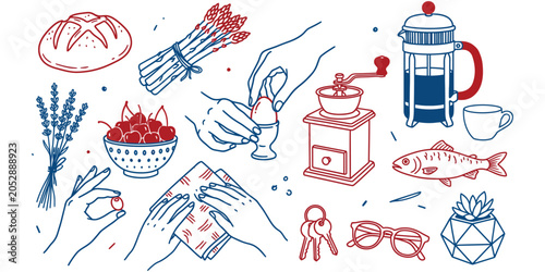Tablou pe pânză Collection of kitchen and food related vector illustrations including bread, che