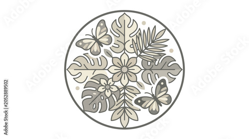 Circular tropical mandala with leaves and butterflies.