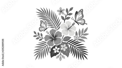 Tropical hibiscus flowers and palm leaves with butterflies.