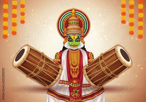 Majestic Kathakali Performer with Traditional Kerala Chenda Drums