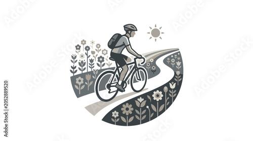 Cyclist riding on winding mountain road with floral scenery.