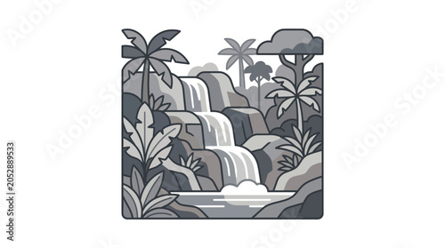 Tropical waterfall scenery with palm trees in square frame.