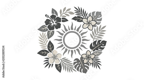 Tropical flower wreath with sun and monstera leaves.