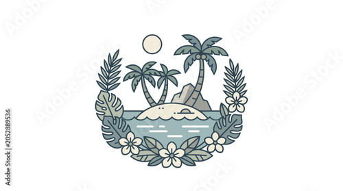 Circular tropical island emblem with palms and flowers.