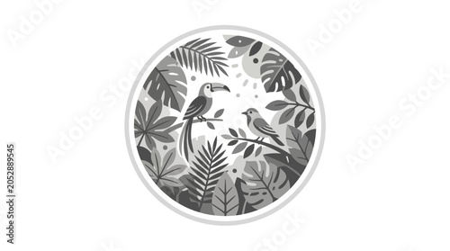 Toucan and tropical birds in dense jungle foliage circle.