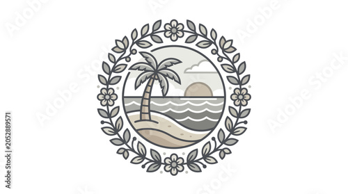 Circular tropical beach emblem with palm tree and ocean waves.