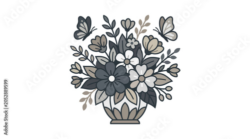 Flower bouquet with butterflies in vase circular illustration.