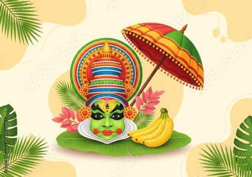 Colorful Kathakali Face Illustration for Onam Festival Celebration