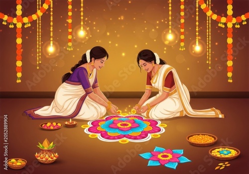 Women Creating Floral Pookalam Rangoli During Onam Festival Celebration