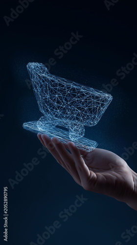 Human Hand Holding Digital Holographic Shopping Cart with Light Particles Vertical Concept