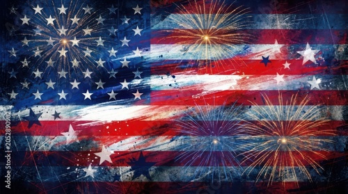 Vibrant American flag with fireworks on the 4th of July celebration.
