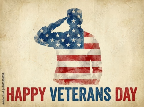 An American soldier saluting with the USA flag on Veterans Day celebration