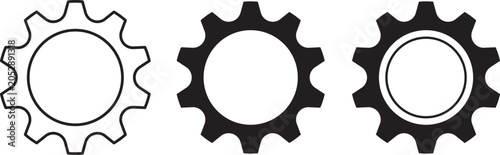 Three gear or cogwheel presented in a row, featuring a thin outline version, a solid black silhouette, and a solid black gear with an additional inner circle detail for variety