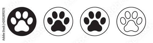 Paw print in circle icon. animal or pet footprints. dog or cat paws graphic in different styles.