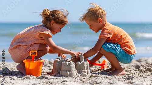 Kids build sandcastles on the beach. They use shovels and buckets. It's a fun childhood hobby.