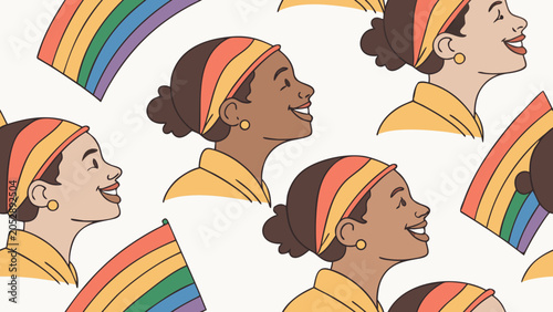 Diverse women, rainbow pattern, LGBTQ+ icons, colorful illustrations, vector graphics