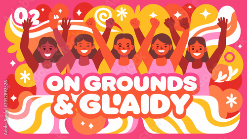 Colorful illustration of people celebrating, On Grounds & Glaidy banner, vibrant festival graphic, vector party background