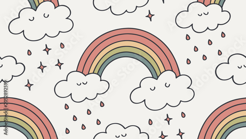 Cute rainbow clouds, smiling faces, whimsical pattern, colorful illustration, seamless design