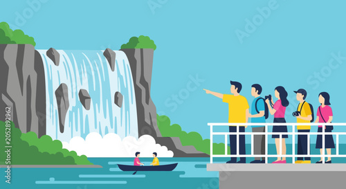 Fotografie Tourists admire majestic waterfall vista from observation deck and boat