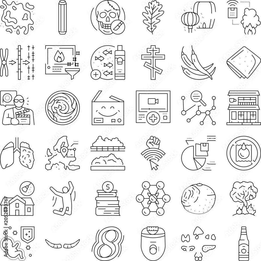 Fototapeta premium Set of diverse vector line icons illustrating concepts from medicine, science, food, technology, and everyday life, presenting a wide range of subjects in a clean, minimalist style