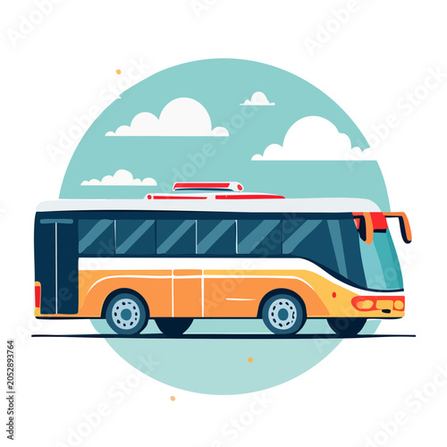 Orange and blue bus illustration with luggage on roof