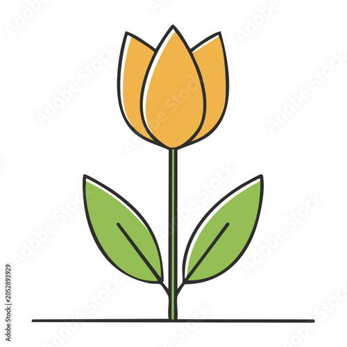 Yellow tulip with green leaves line drawing