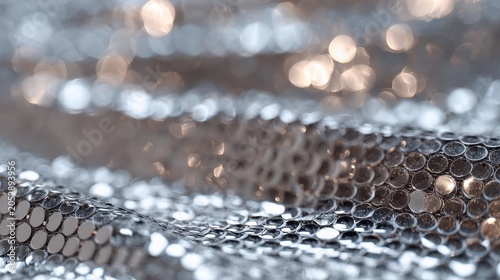 Glamorous silver sequined surface with sparkling light and soft bokeh effects