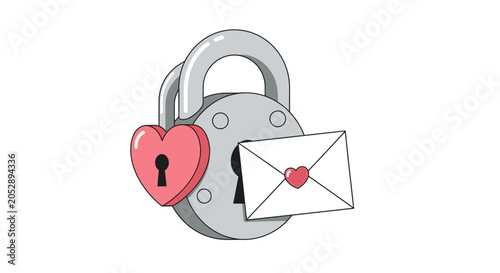 Schilderij op canvas Secured Love Letter: Padlock with Heart Shape and Envelope Illustration