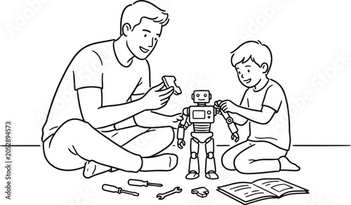 Foto Man and boy building robot together