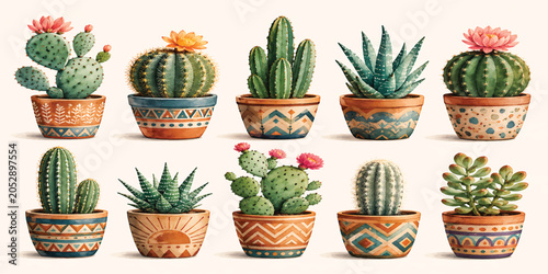 A sharp green succulent cactus plant grows in a small flowerpot as an isolated decorative houseplant