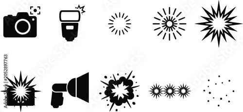Tableau sur toile Collection of black camera and flash icons with light burst effects on a white b